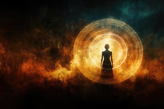 Silhouette of a female in a mystical fiery aura