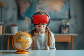 A young girl wearing a red VR headset sits at a table with a globe, exploring virtual worlds.