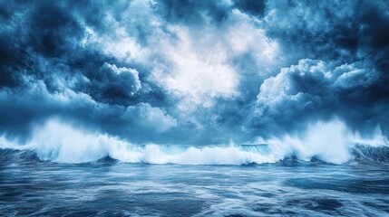 Fototapeta premium Large waves erupt onto the coastline as dark clouds gather above during twilight hours