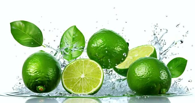 Fresh limes splashing in water, vibrant green, healthy citrus, food photography, recipe website