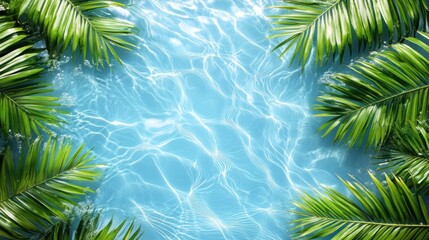 Fototapeta premium Bright blue water glimmers under the sunlight, fringed by vibrant green palm fronds