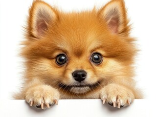 Obraz premium Pomeranian puppy looks curiously over a white background with playful expression and attentive gaze