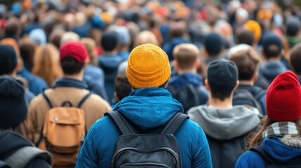 A diverse group of individuals wearing bright hats gathers outdoors, enjoying a sunny day in the city