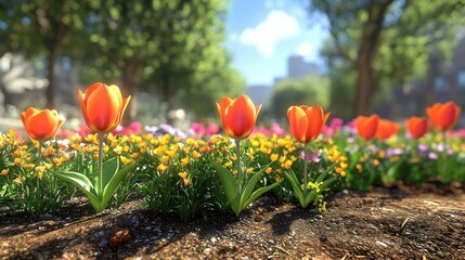 Orange tulips bloom in city park spring