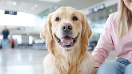 Happy Golden Retriever at Airport, Traveling with Owner