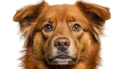 A golden retriever mix dog is gazing curiously with expressive eyes and a fluffy coat