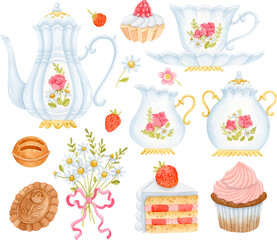 Vintage tea set watercolor clipart. Teapot, teacup and saucer, sugar bowl, milk jug, chamomile bouquet, cookies, cupcake and strawberry cake.