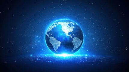 Digital artwork features a glowing globe with continents illuminated against a starry background