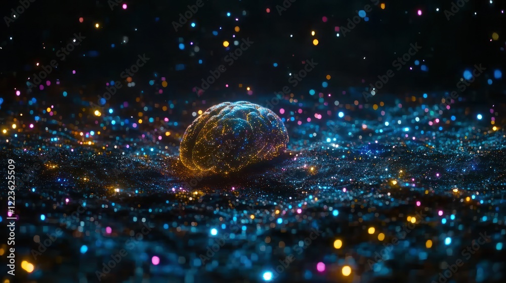 Poster a glowing brain rises from colorful sparkles in a dark space, creating a captivating visual