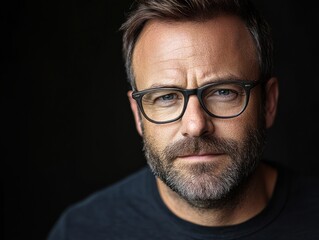 Obraz premium Man with glasses and beard displays a serious yet calm expression, emphasizing depth and confidence
