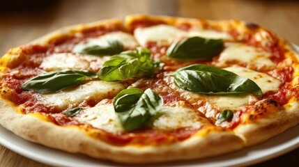 A classic Margherita pizza with a golden, crispy crust, topped with fresh basil