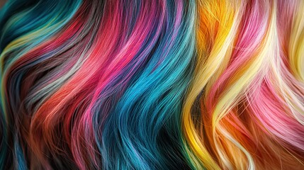 Close-up of vibrant, colorful dyed hair with flowing strands.