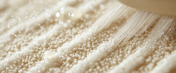 Close-up of textured fabric being brushed, water droplets visible, soft background.  Perfect for ads