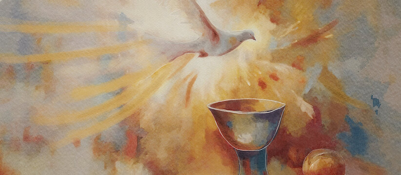 The Holy Spirit Descending Upon the Eucharist Chalice, watercolor concept background