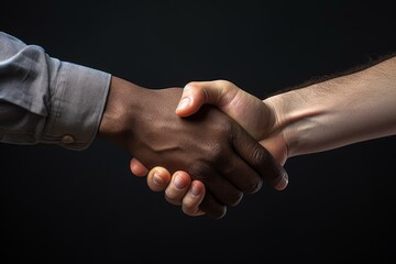 Business people shaking hands, making a deal on black background