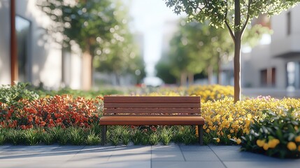 Park bench, city street, flowers, sunrise, calm