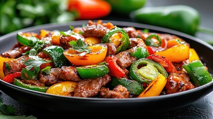 Delicious beef and pepper stir-fry on dark plate