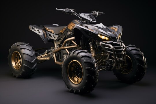 Studio shot of a customized four wheeler atv quad bike highlighting its powerful design and off road capabilities