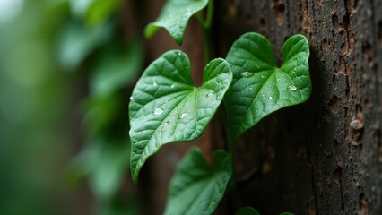 Obraz premium Macro photography of green vine leaves on a wooden fence 