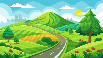 Obraz premium landscape with road green hill and green grass on white background, banner