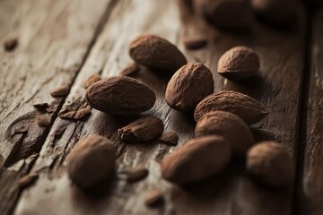 Almonds on a Wooden Surface A rustic close-up of raw, shelled almonds scattered on a wooden table, with fine details of their rough texture