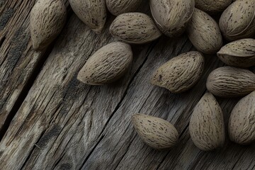 Almonds on a Wooden Surface A rustic close-up of raw, shelled almonds scattered on a wooden table, with fine details of their rough texture