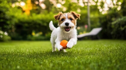 Happy jack russell terrier playing with orange ball on lush green lawn