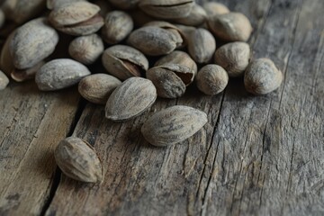Obraz premium Almonds on a Wooden Surface A rustic close-up of raw, shelled almonds scattered on a wooden table, with fine details of their rough texture