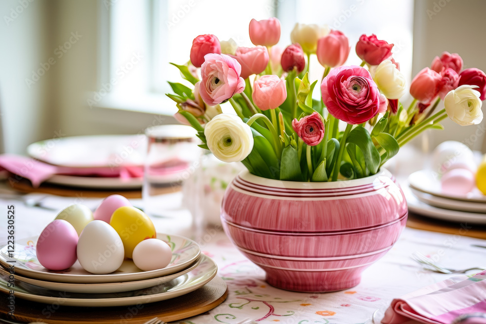 Poster spring table setting with pastel eggs and colorful flower arrangement in a cozy dining space