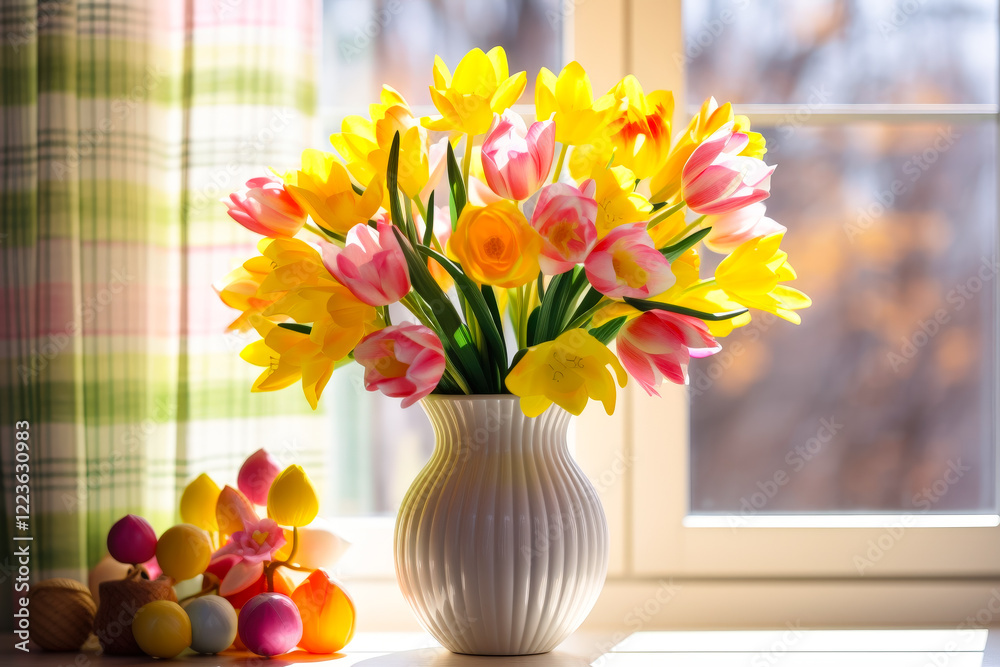 Poster Bright bouquet of tulips and daffodils arranged in a vase on a sunlit windowsill during springtime
