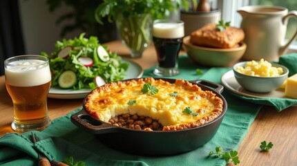 Vibrant Irish lunch spread featuring shepherd's pie and fresh salad