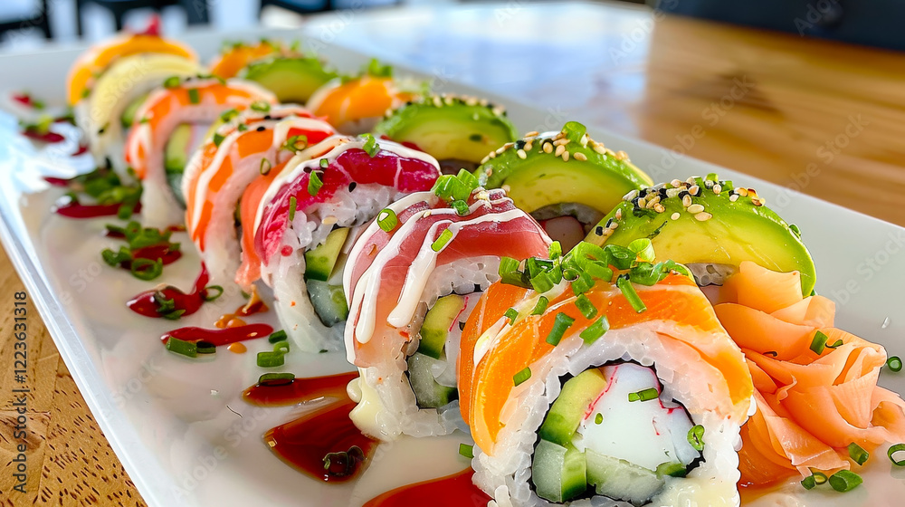 Poster sushi platter featuring a variety of rolls with vibrant toppings served in a modern restaurant setti