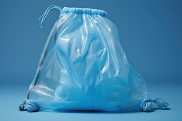 Obraz premium Studio shot of a transparent plastic bag containing blue crumpled material, set against a vibrant blue backdrop