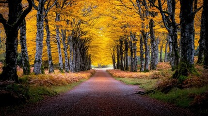Obraz premium Autumnal trees lining a path, golden leaves, nature walk, peaceful scene, background foliage