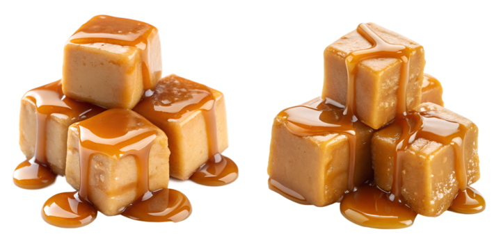Caramel cube candies with melted caramel on top isolated on the transparent background
