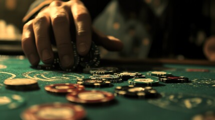Close-up of hand collecting poker chips on casino table in dim light