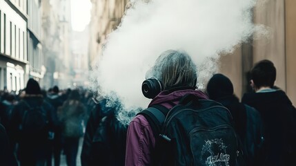 Air pollution PM2.5:A City Scene with Smoke and Headphones in Cool Tones