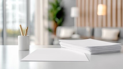 Blank paper mockups on desk, modern office background, workspace