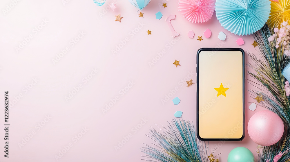 Poster festive smartphone display surrounded by decorative elements on a pastel background