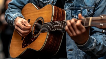 Fototapeta premium Musician playing acoustic guitar during International Guitar Month