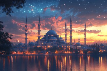 Fototapeta premium Illuminated Mosque at Night with Reflection on Water Under a Starry Sky