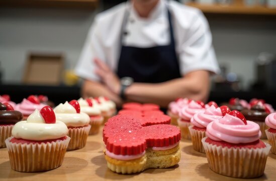 A skilled baker stands behind a wooden table filled with vibrant cupcakes topped with creamy frosting and cherries. At the center lies a heart-shaped cookie, adding charm to the display.