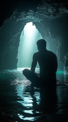 Obraz premium Silhouette of Man in Cave Reflecting Hopelessness with Aqua Light