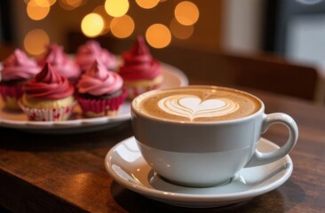 Obraz premium A steaming cup of coffee with a heart design sits on a wooden table beside a plate of colorful cupcakes. Soft bokeh lights create a warm ambiance in the background, suggesting a cozy atmosphere.