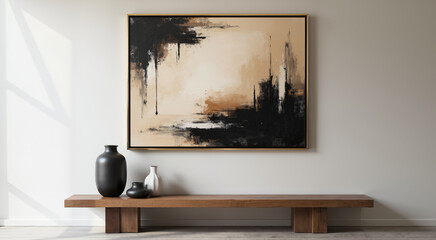 Modern interior with abstract painting and decorative vases. The artwork adds a touch of elegance and sophistication to the space.