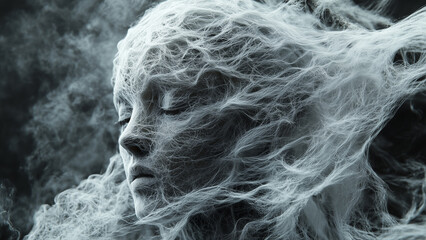 A figure surrounded by swirling mist. The scene conveys calmness and ethereal beauty, evoking a sense of mystery and introspection