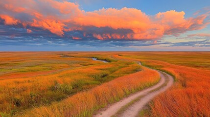Autumn sunset over coastal marsh; winding road, calm water