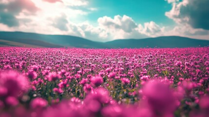 Fototapeta premium Pink flower field, sunset, mountains, idyllic scene, travel poster