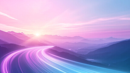 A futuristic glowing road winding through majestic mountains at dusk creating a breathtaking scene with soft pastel colors and dreamy neon lights  
