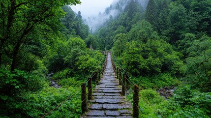 Mountain forest bridge pathway; misty valley background; travel